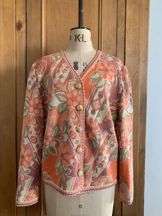2 The French Finds Collection: Devernois Paris Peach Floral Woven Cardigan Jacket
