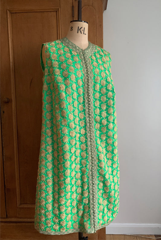 2 The French Finds Collection: Green and Gold Embroidered Floral Sleeveless Moroccan Tunic Dress