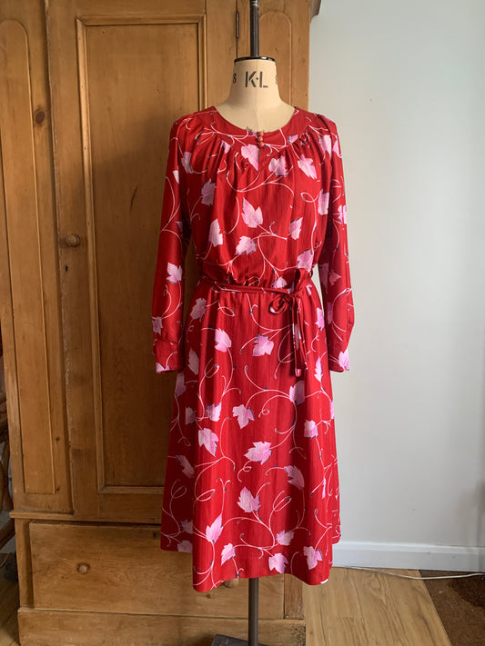 2 The French Finds Collection: 70’s Red and Pink Leaf Print Midi Dress