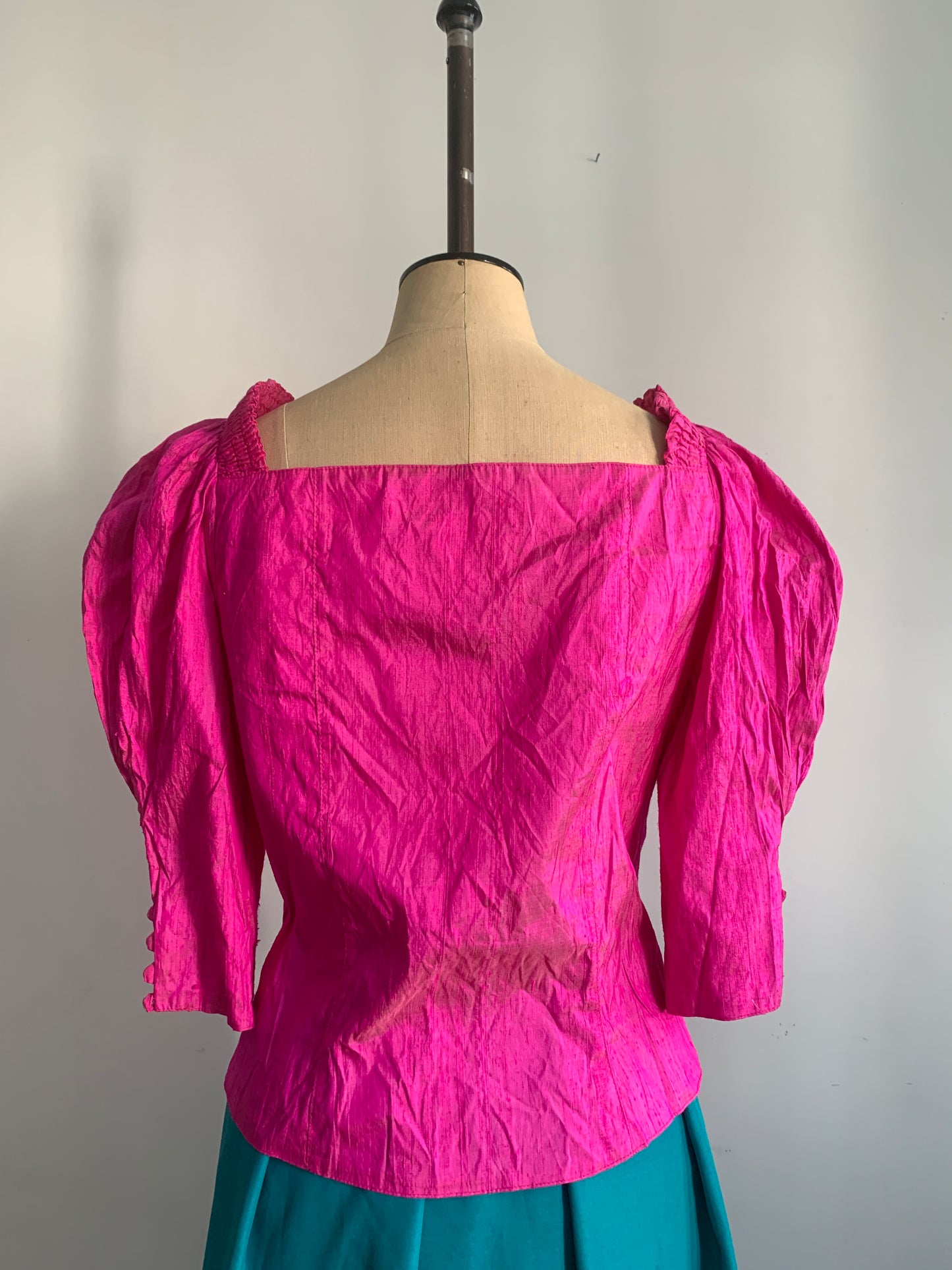 80’s Barbie Pink Silk Dupion Dreidel Top with heart buttons