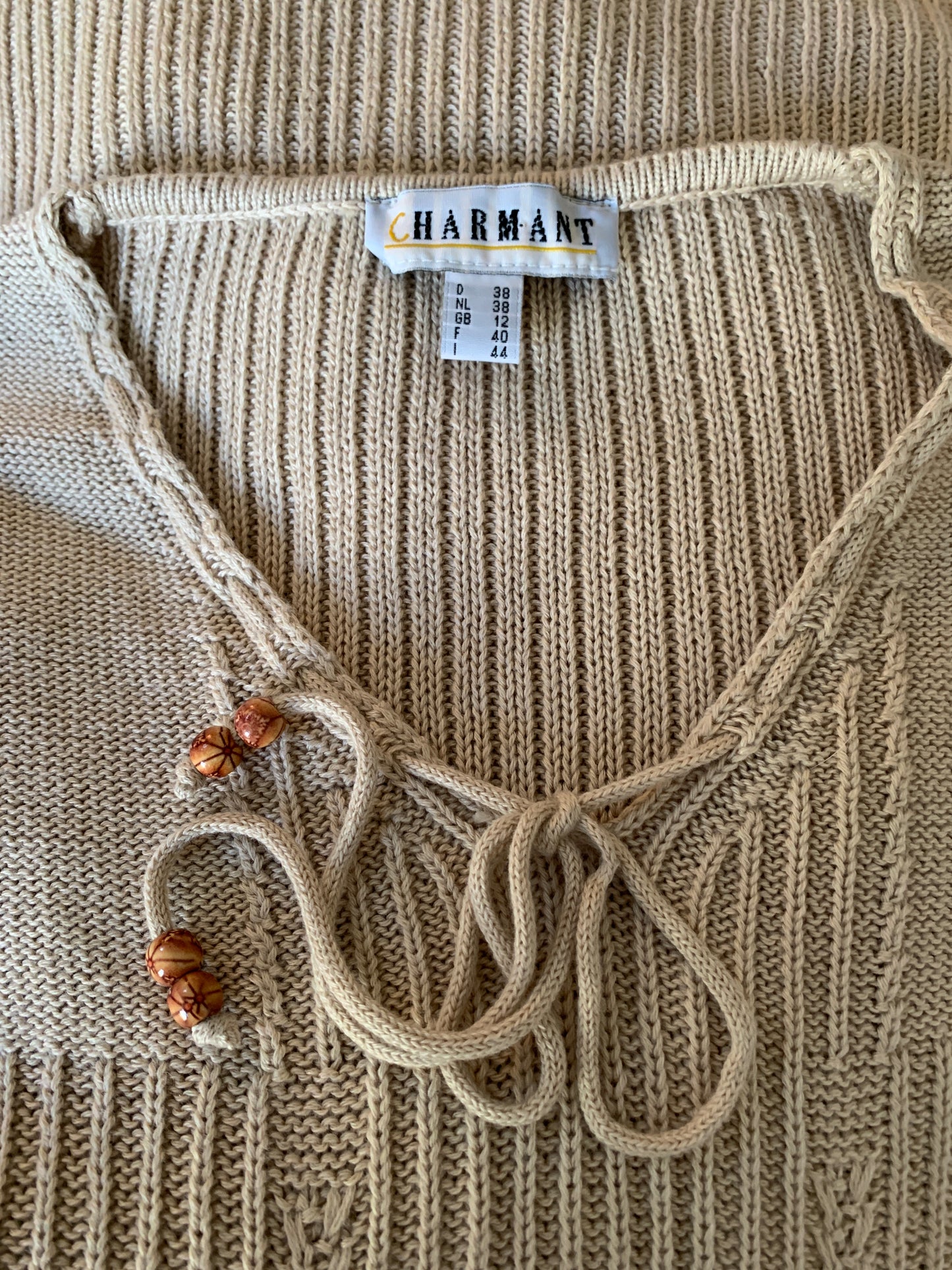 Deadstock Knitted Beige Fitted Top with wooden beaded ties.