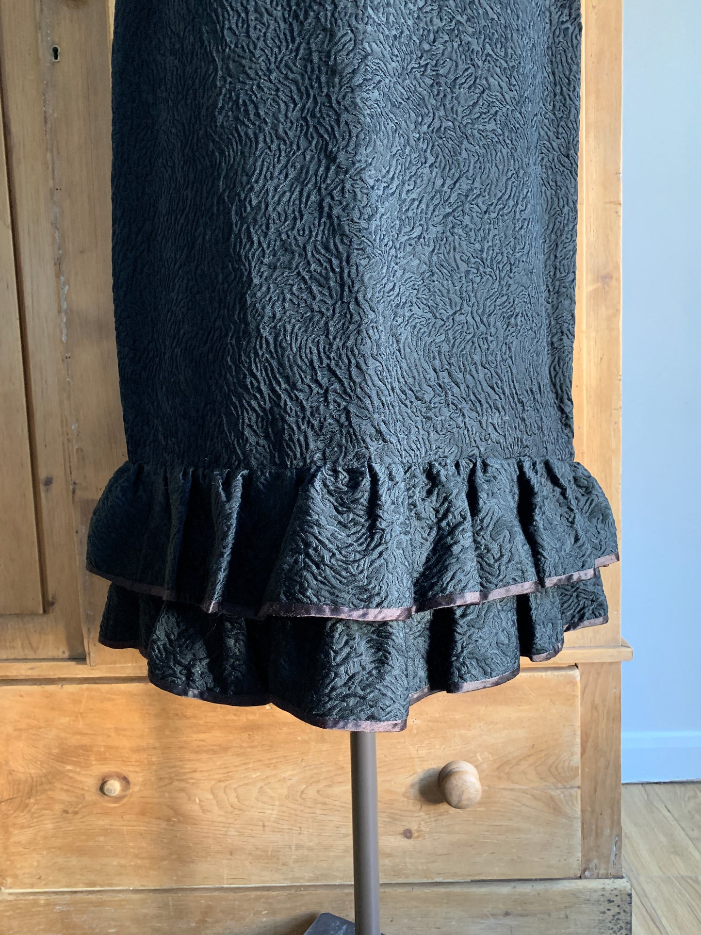 1 Party Time Pals Collection: 1960’s Black Astrakan Style Wiggle Dress with Ruffle Hem