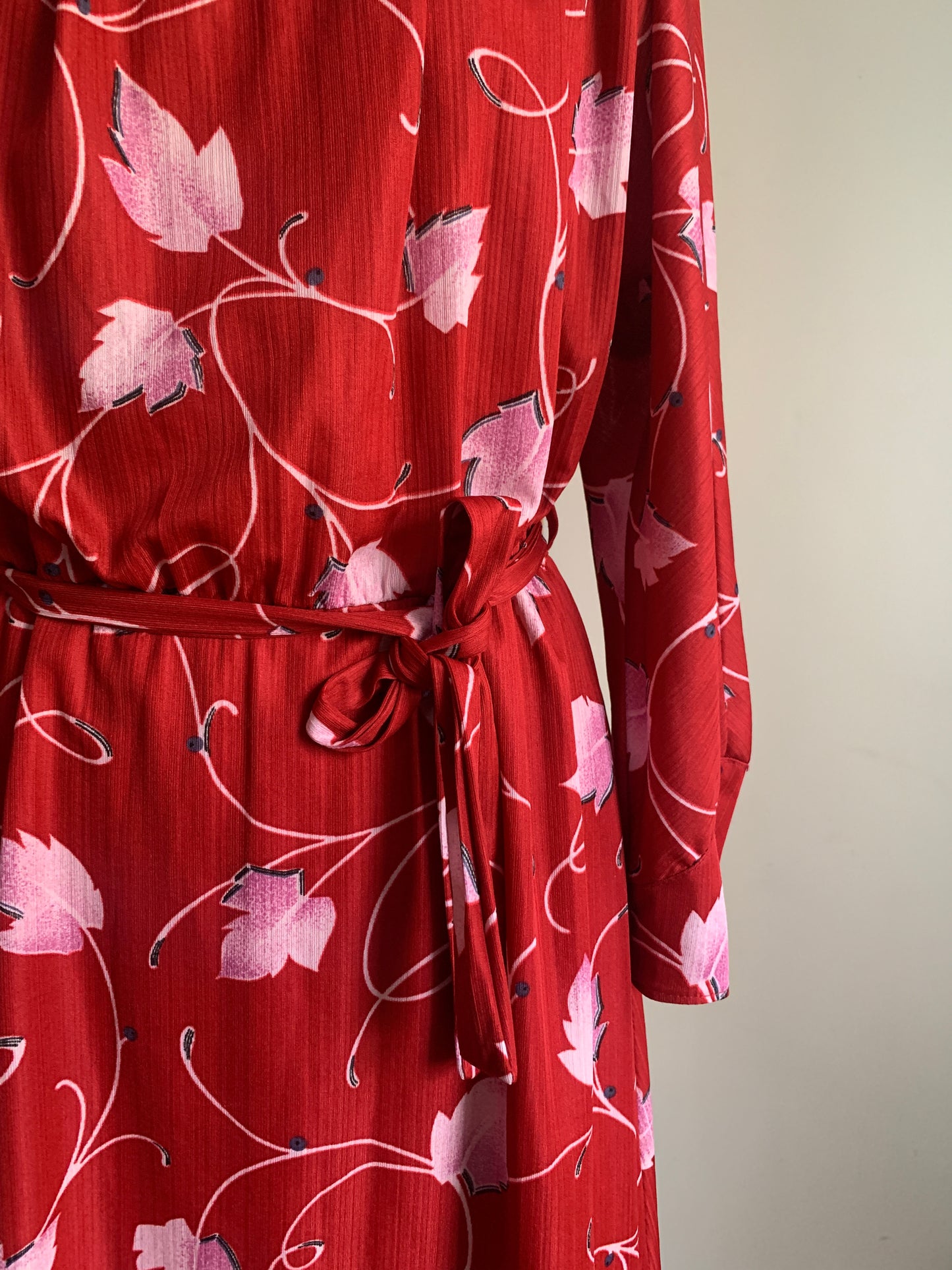 2 The French Finds Collection: 70’s Red and Pink Leaf Print Midi Dress