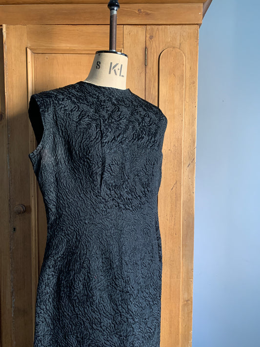 1 Party Time Pals Collection: 1960’s Black Astrakan Style Wiggle Dress with Ruffle Hem