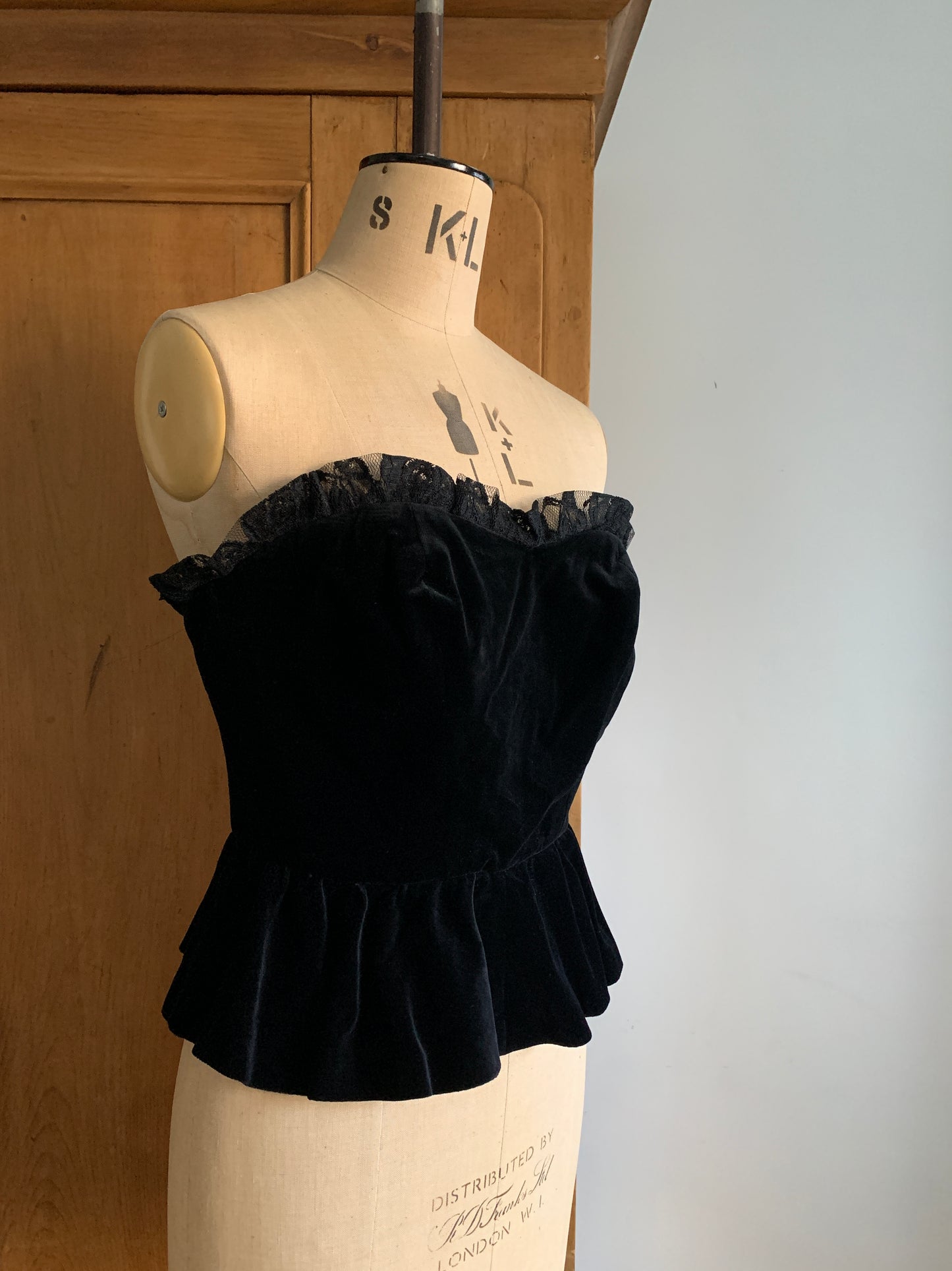 1 Party Time Pals Collection: 90’s Italian Black Velvet Peplum Bustier with Lace Trim