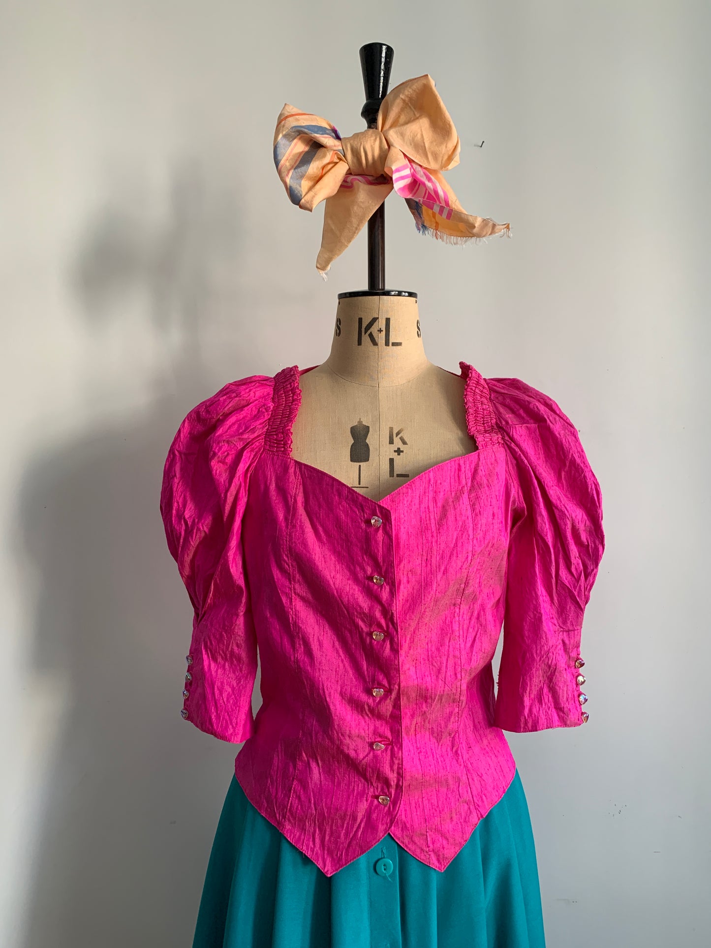 80’s Barbie Pink Silk Dupion Dreidel Top with heart buttons
