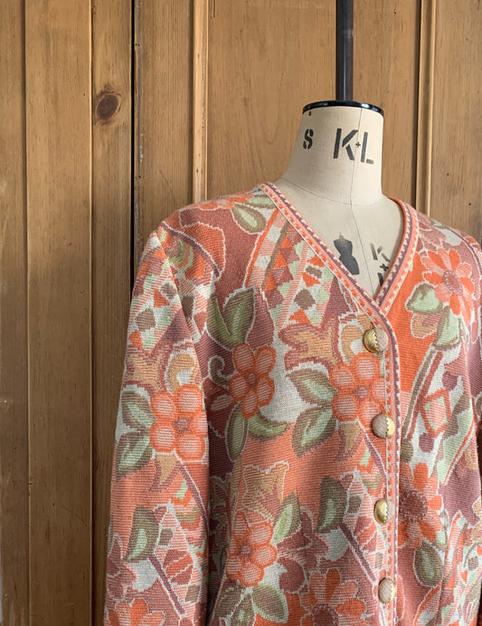 2 The French Finds Collection: Devernois Paris Peach Floral Woven Cardigan Jacket