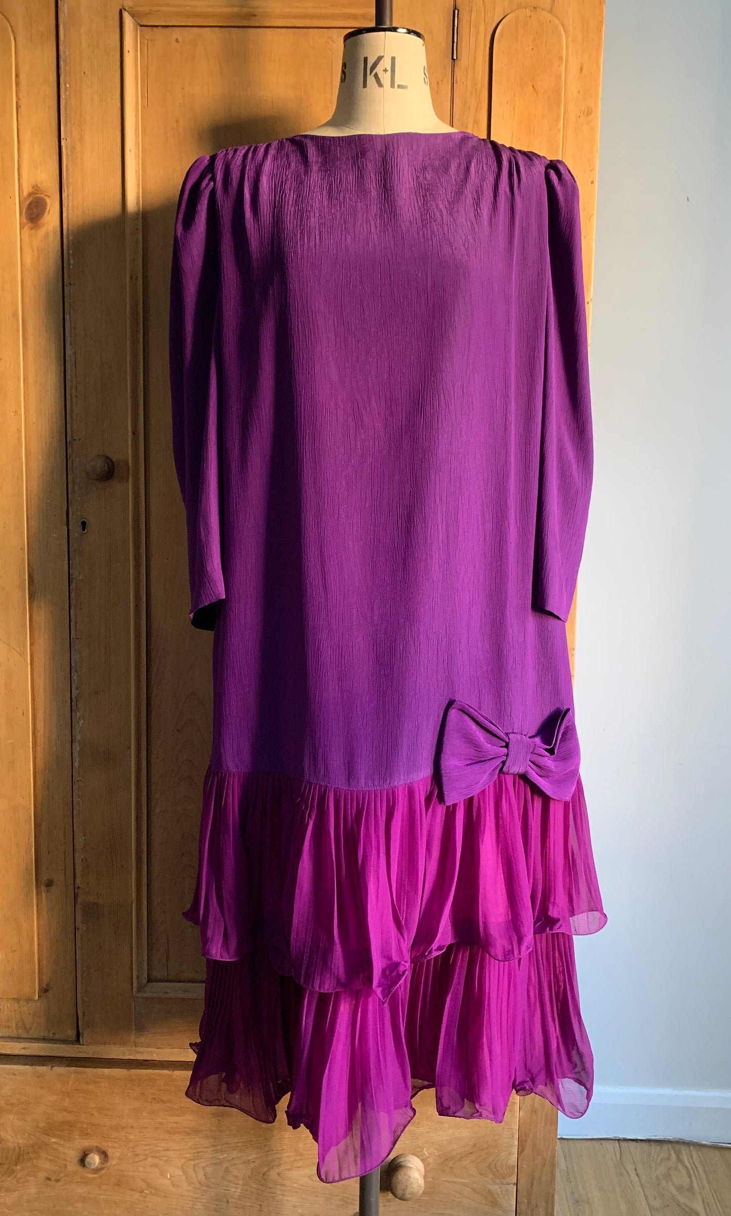 1 Party Time Pals Collection: 1970’s Drop Waist Purple ‘Laura Phillips’ Long Sleeve Dress with Bow