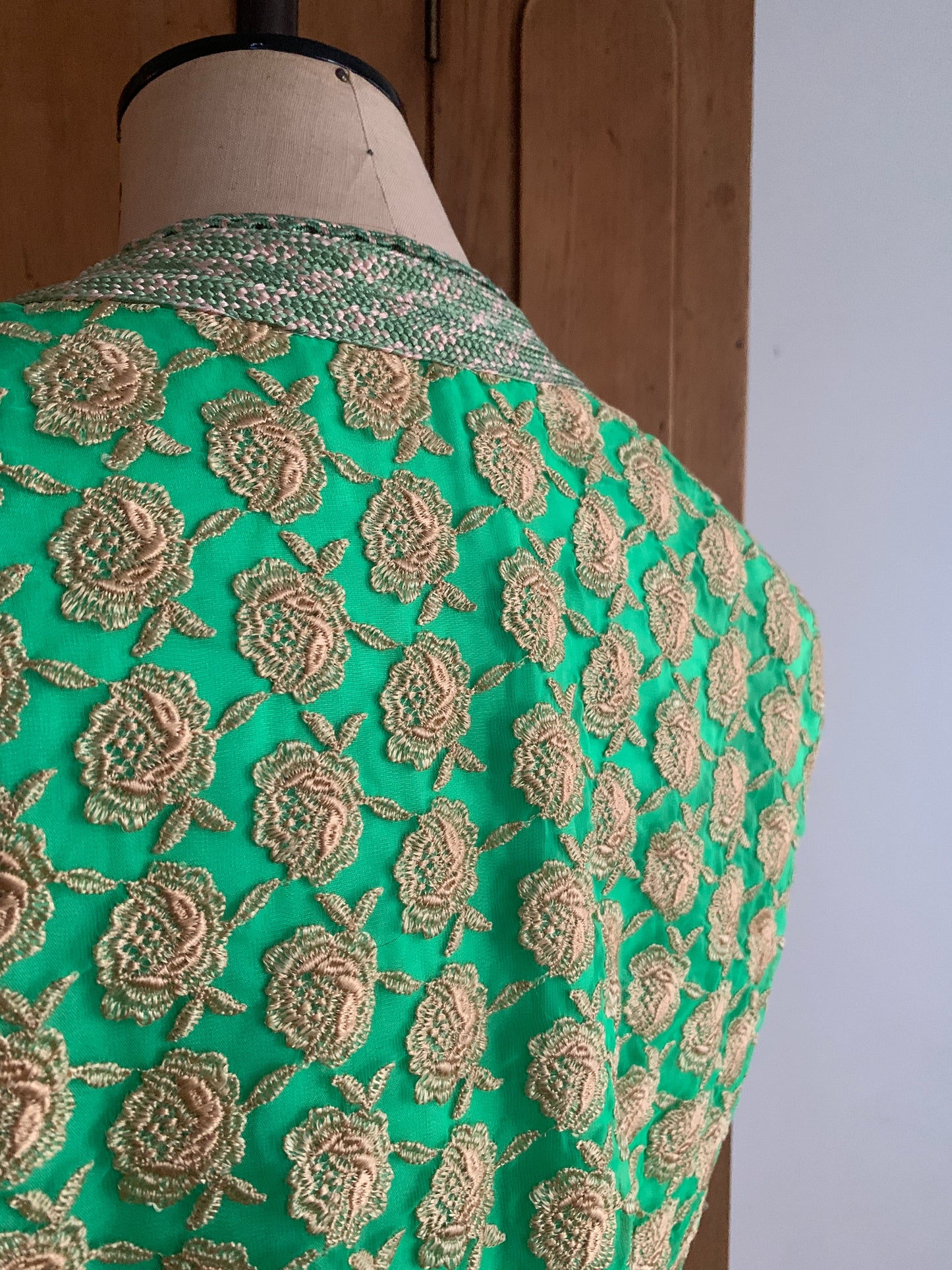 2 The French Finds Collection: Green and Gold Embroidered Floral Sleeveless Moroccan Tunic Dress