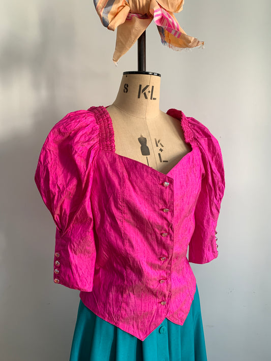 80’s Barbie Pink Silk Dupion Dreidel Top with heart buttons