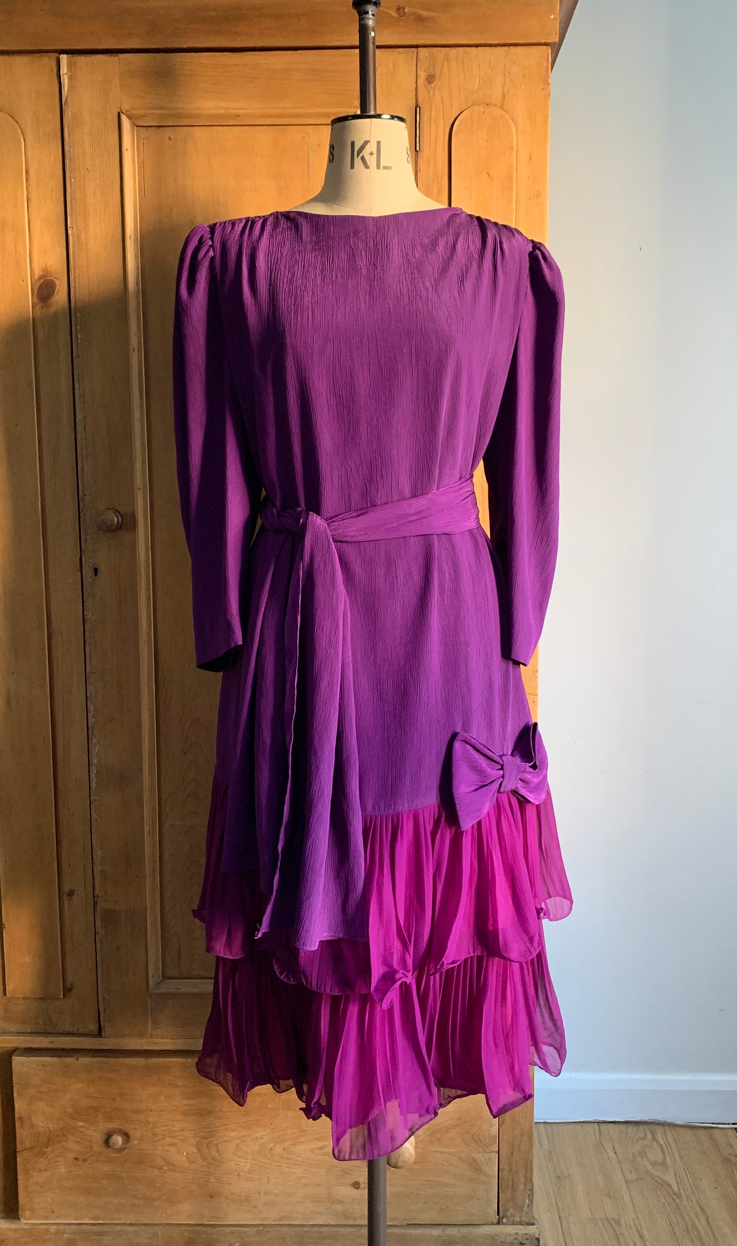 1 Party Time Pals Collection: 1970’s Drop Waist Purple ‘Laura Phillips’ Long Sleeve Dress with Bow