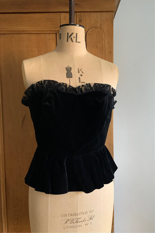 1 Party Time Pals Collection: 90’s Italian Black Velvet Peplum Bustier with Lace Trim