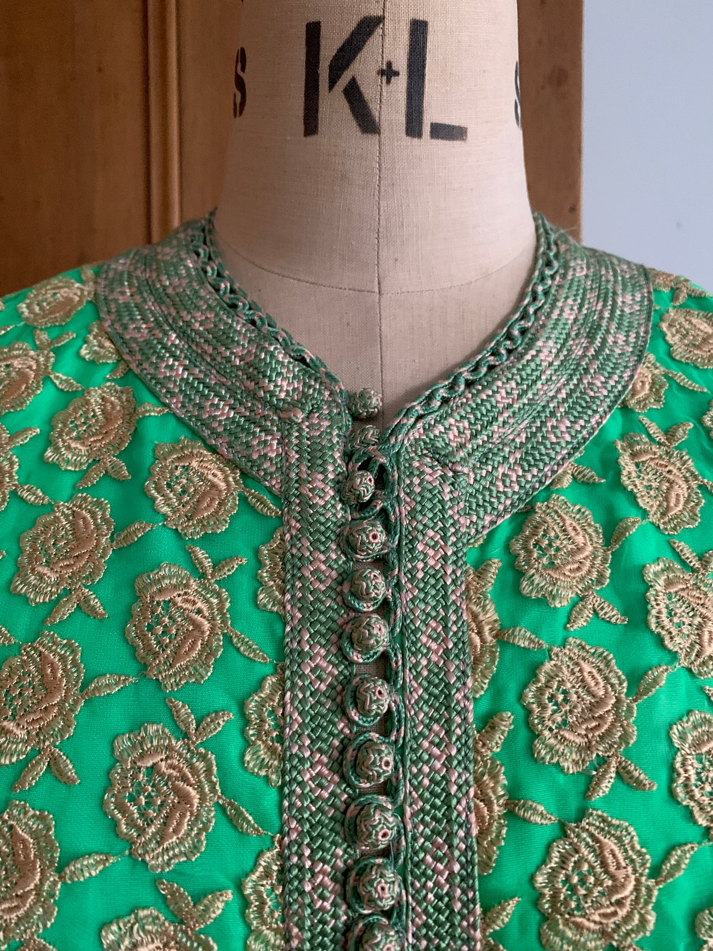 2 The French Finds Collection: Green and Gold Embroidered Floral Sleeveless Moroccan Tunic Dress