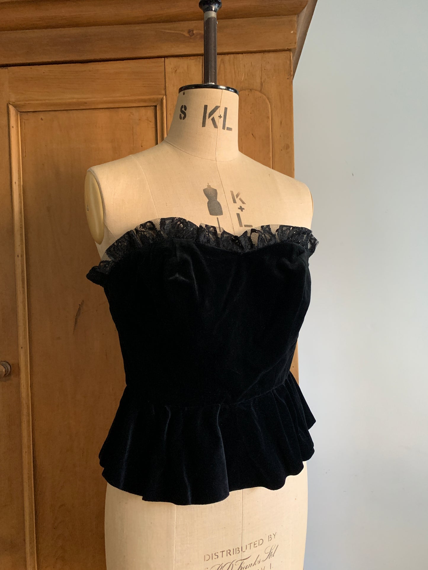 1 Party Time Pals Collection: 90’s Italian Black Velvet Peplum Bustier with Lace Trim