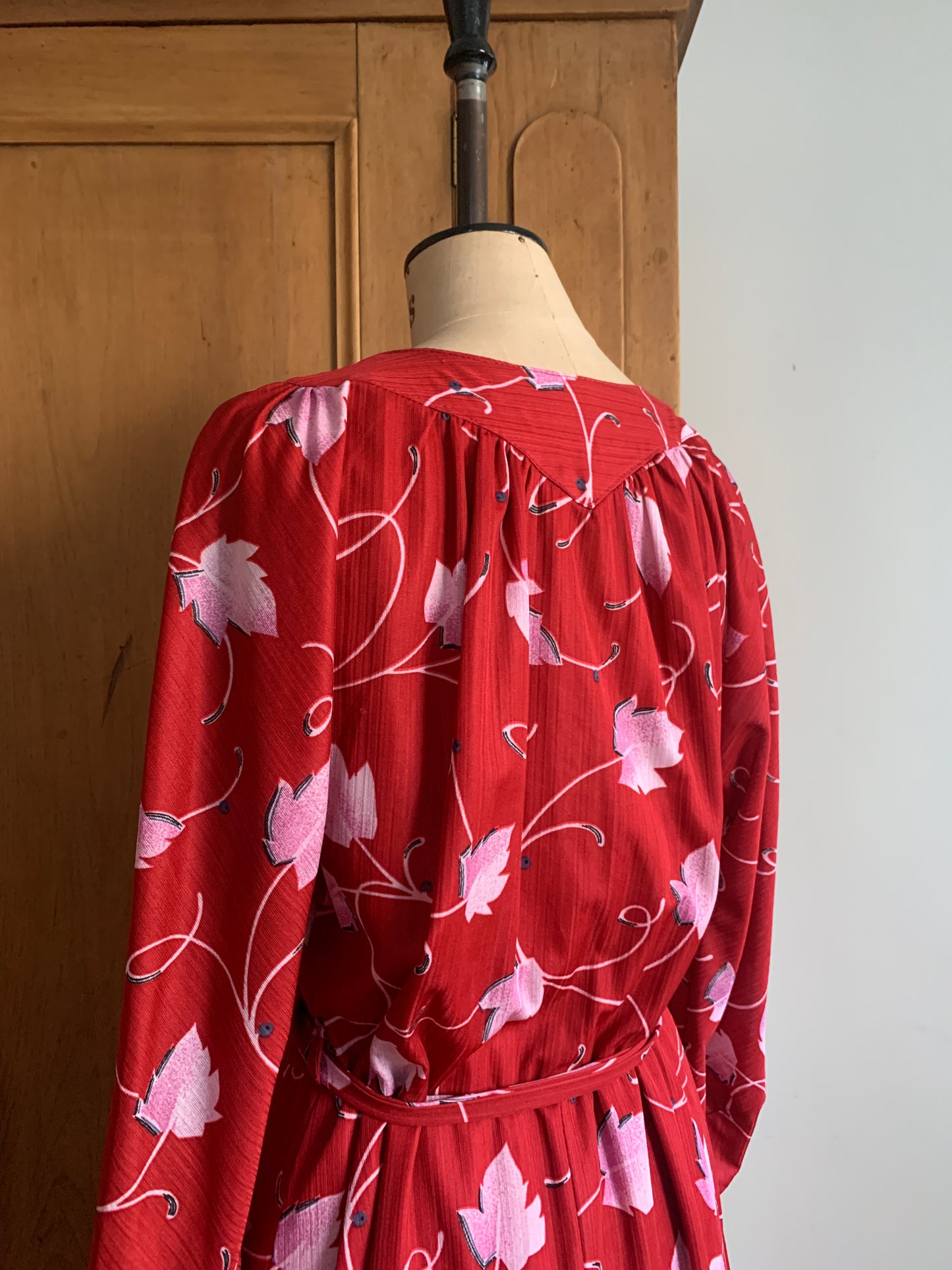 2 The French Finds Collection: 70’s Red and Pink Leaf Print Midi Dress