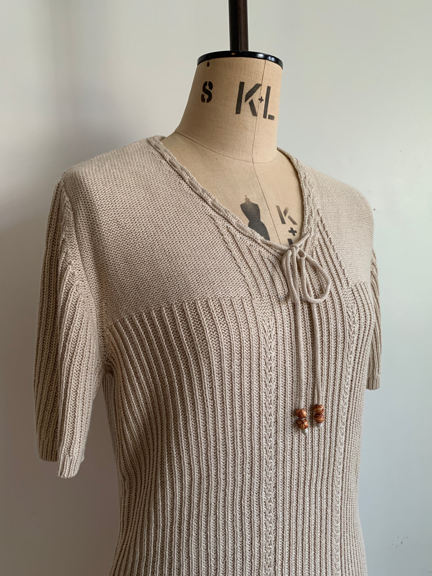 Deadstock Knitted Beige Fitted Top with wooden beaded ties.