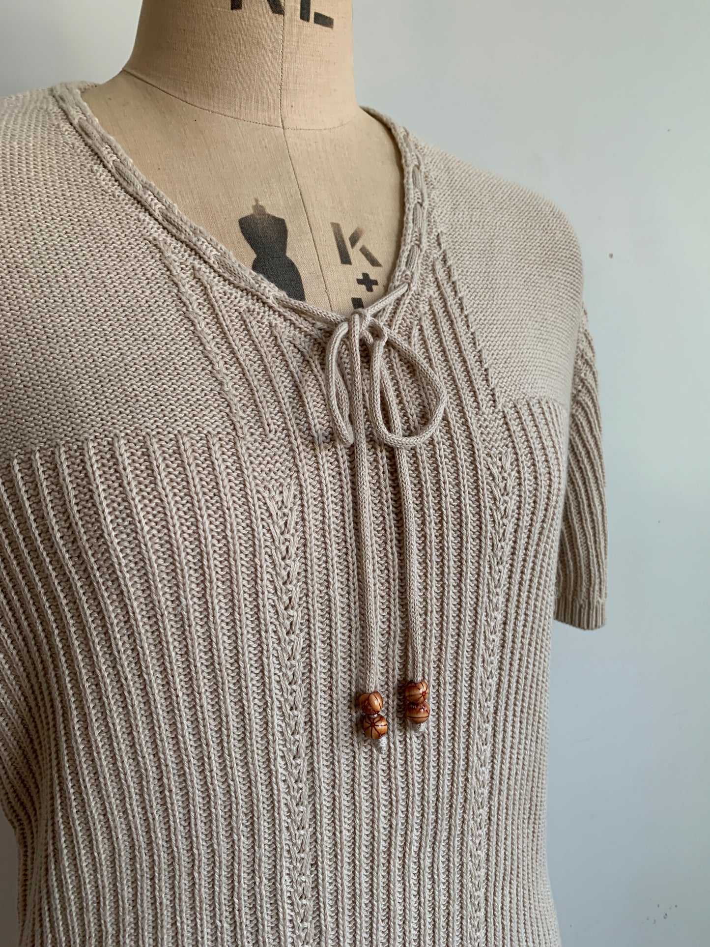 Deadstock Knitted Beige Fitted Top with wooden beaded ties.