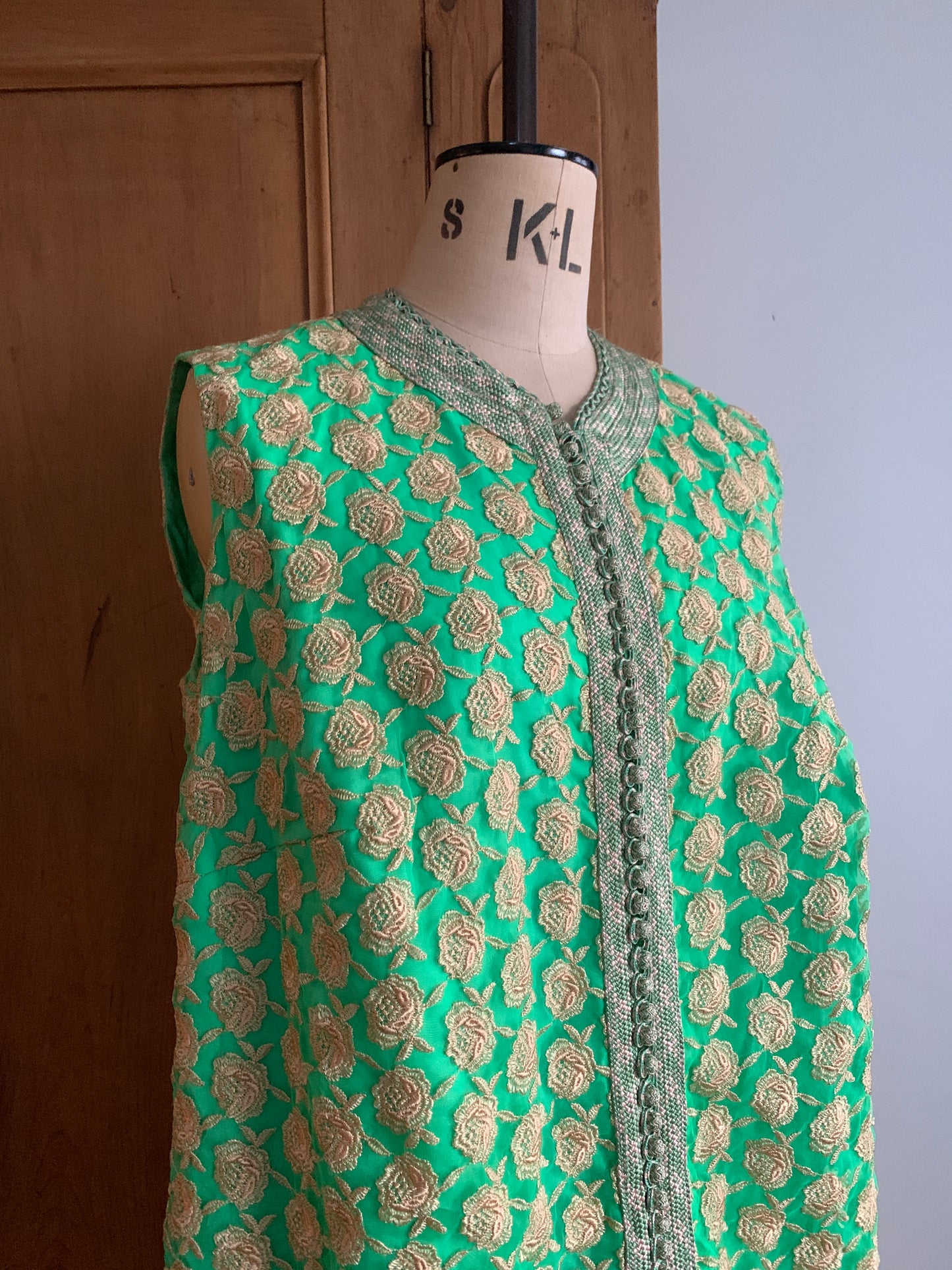 2 The French Finds Collection: Green and Gold Embroidered Floral Sleeveless Moroccan Tunic Dress