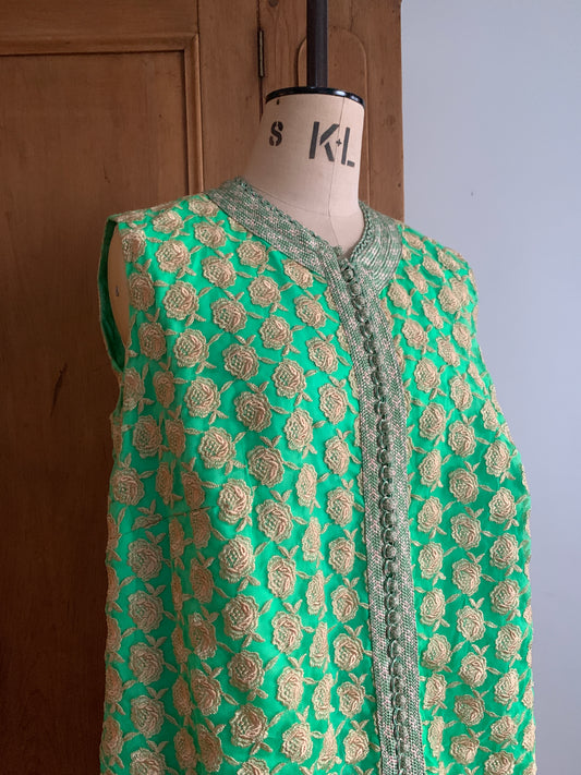 2 The French Finds Collection: Green and Gold Embroidered Floral Sleeveless Moroccan Tunic Dress