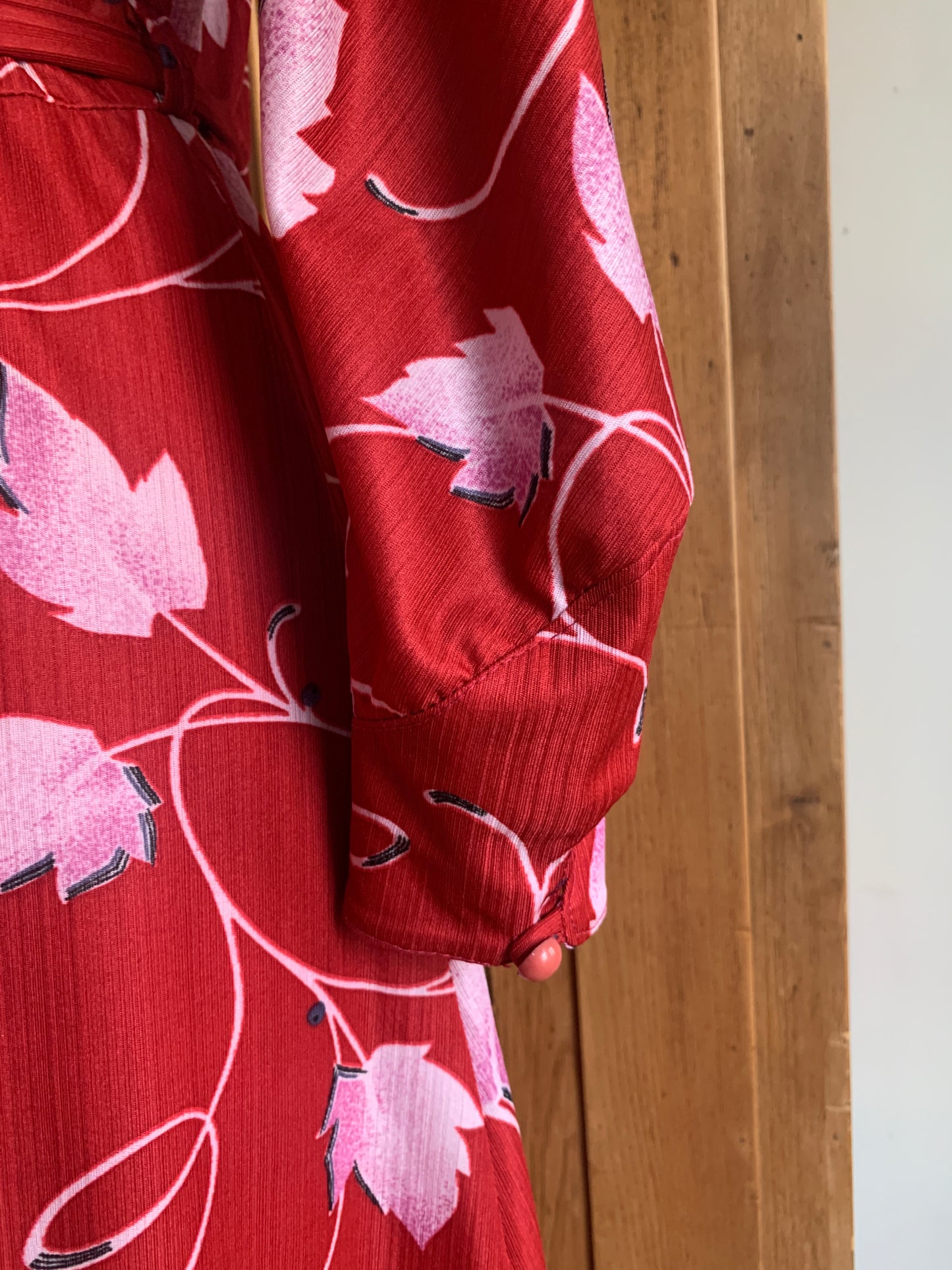 2 The French Finds Collection: 70’s Red and Pink Leaf Print Midi Dress