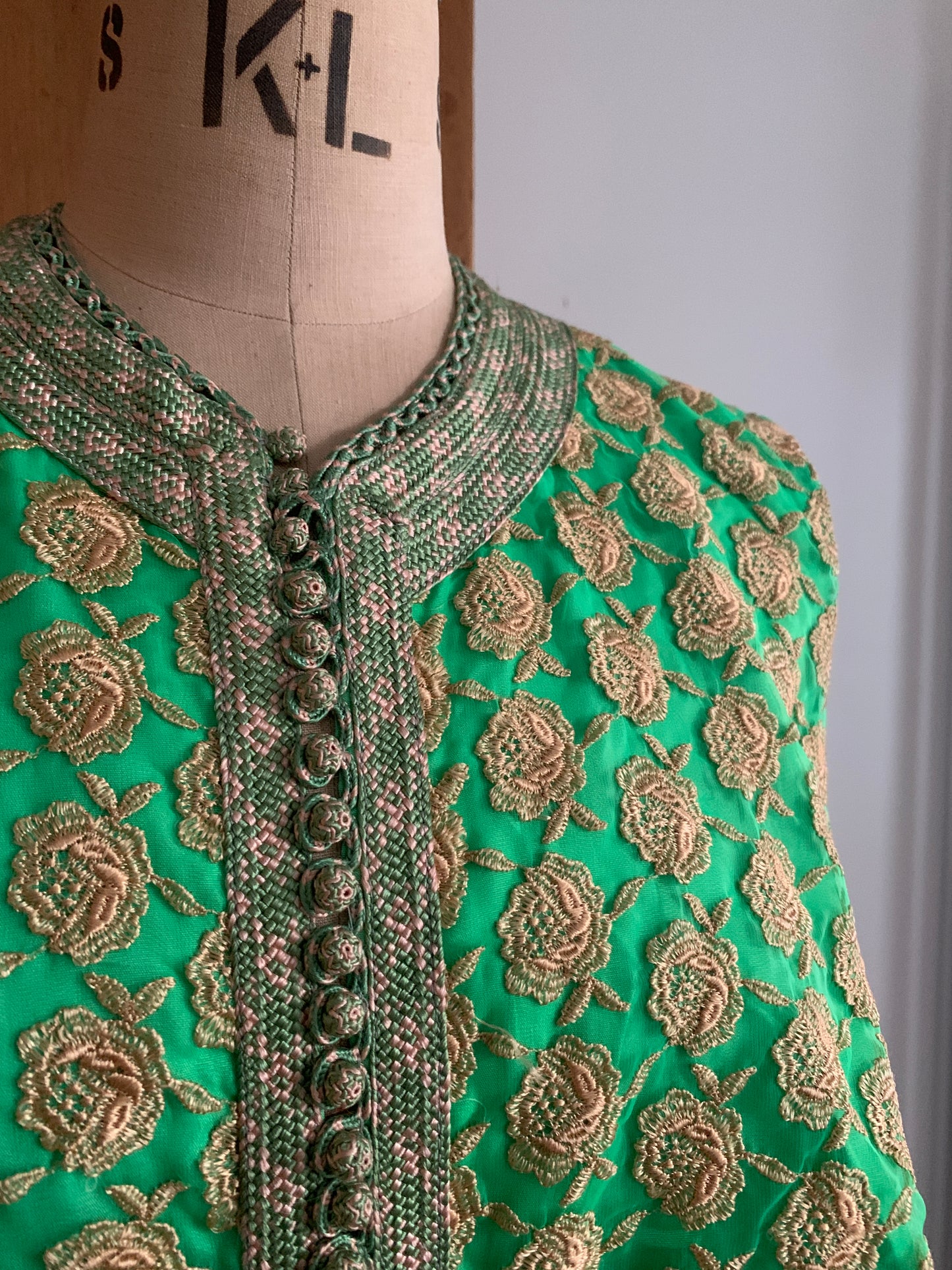 2 The French Finds Collection: Green and Gold Embroidered Floral Sleeveless Moroccan Tunic Dress