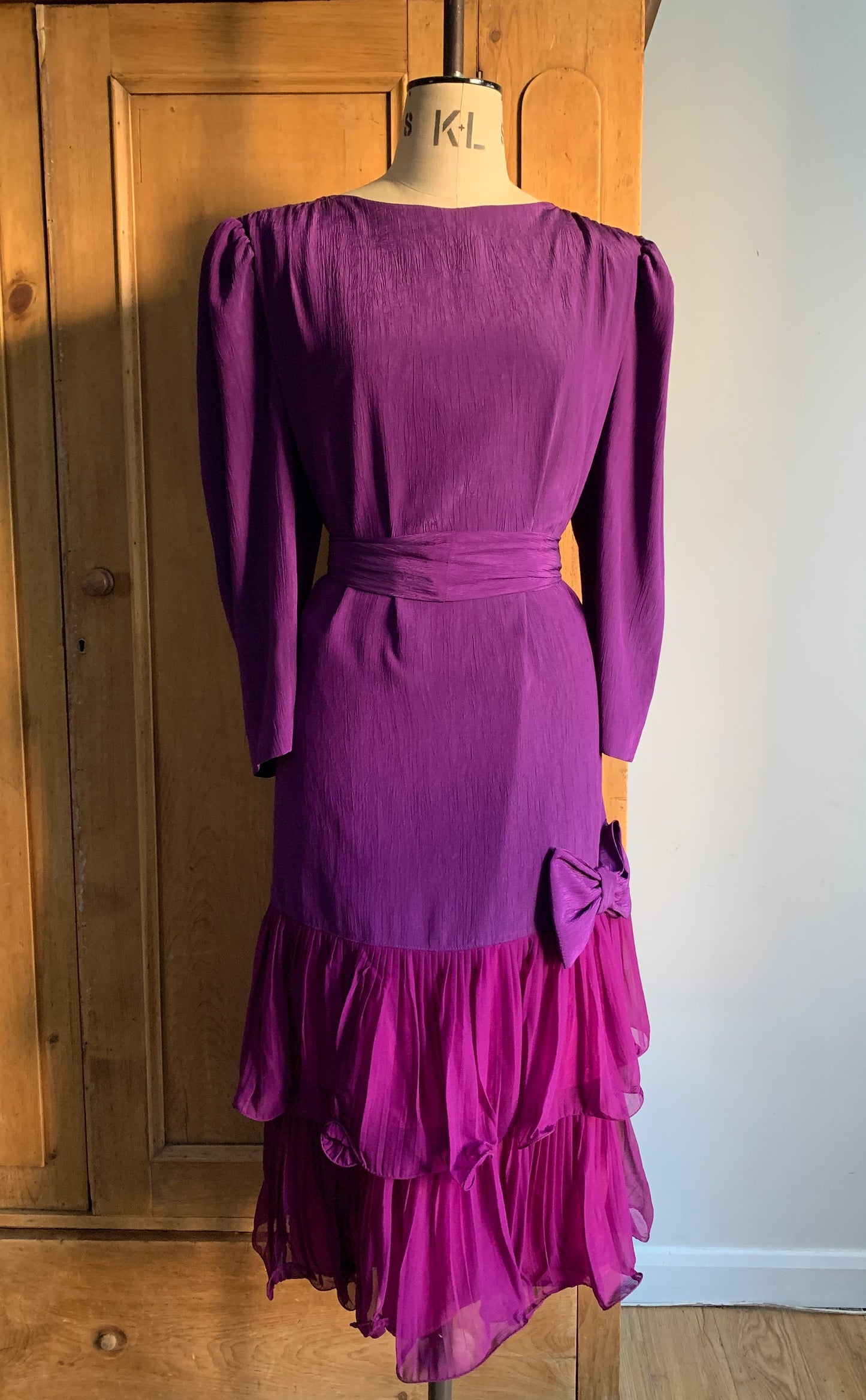 1 Party Time Pals Collection: 1970’s Drop Waist Purple ‘Laura Phillips’ Long Sleeve Dress with Bow