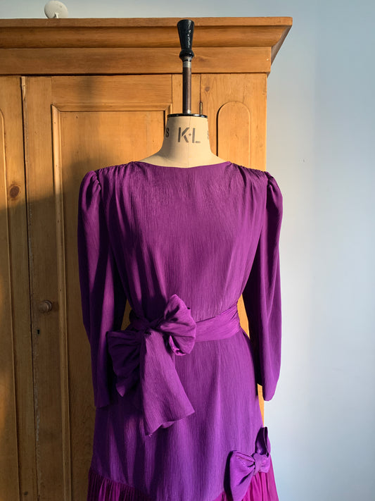 1 Party Time Pals Collection: 1970’s Drop Waist Purple ‘Laura Phillips’ Long Sleeve Dress with Bow